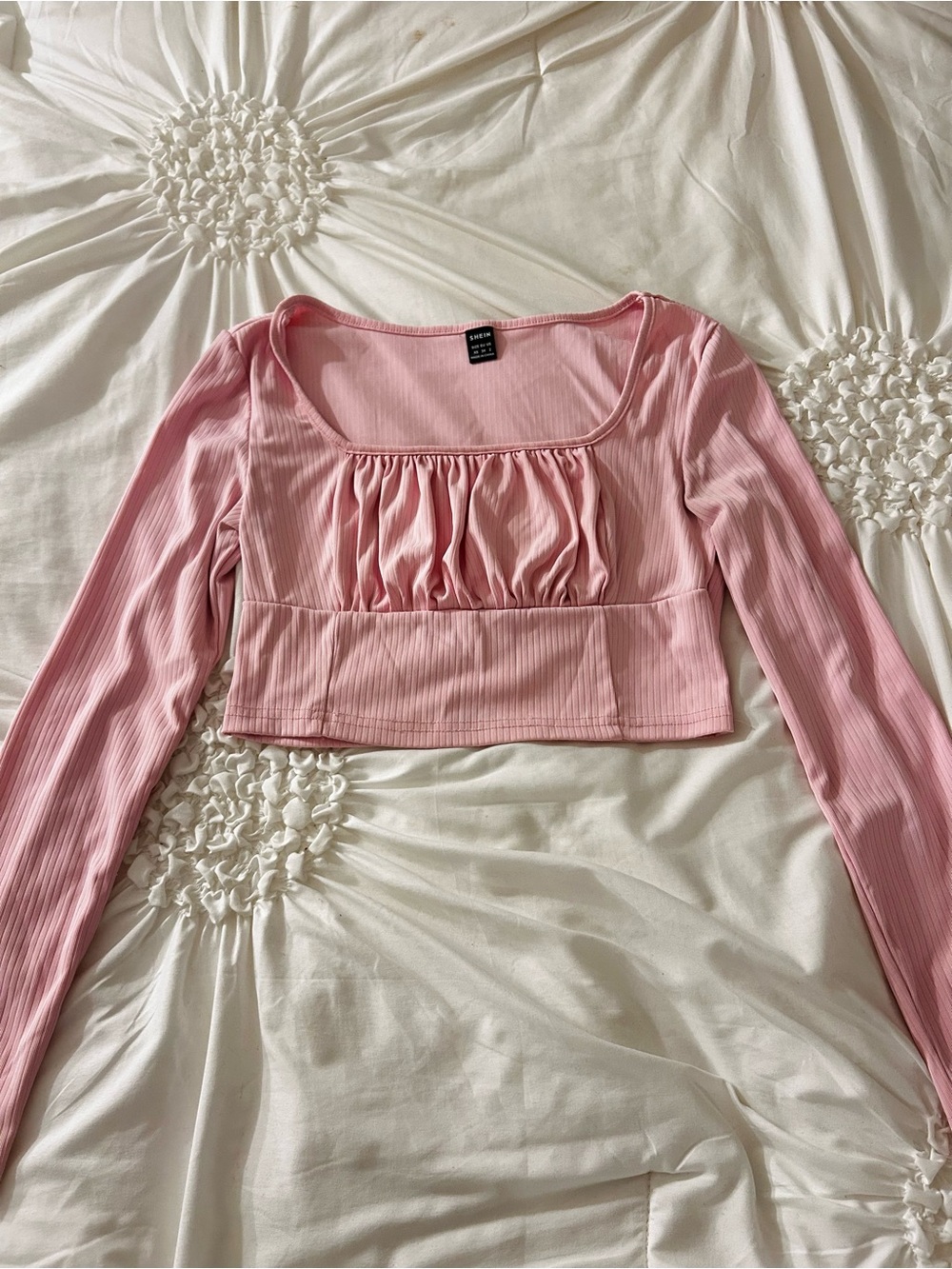 SHEIN Pink Ribbed Long-Sleeve Gathered Front Crop Top
